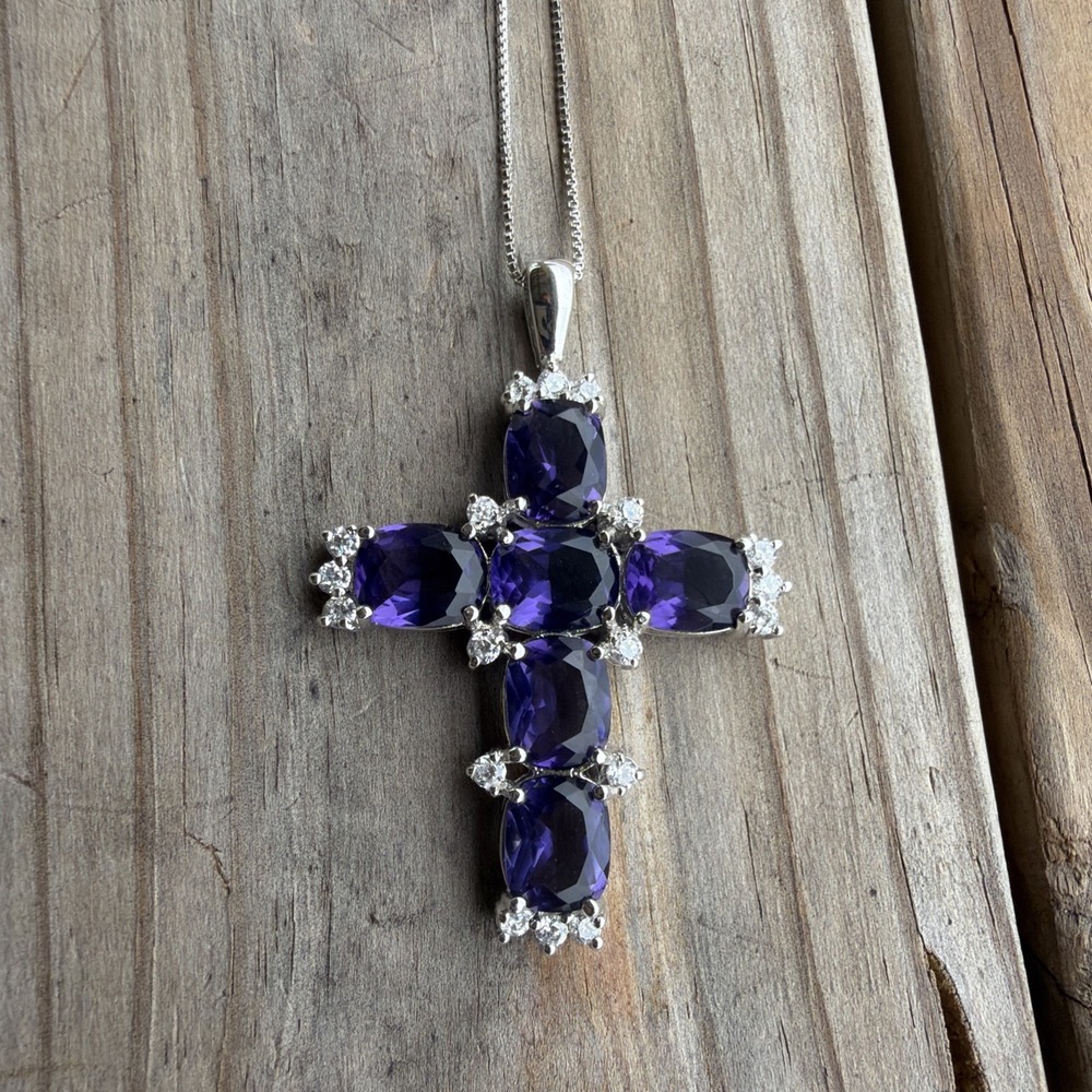Amerthyst CZ Cross 2.25" Pendant Sterling Silver 925 Mount And 18" Chain 20g